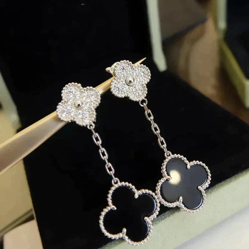 ¡®Veyra Jewelry¡¯CLOVER 2 MOTIFS DIAMOND ONYX EARRINGS SILVER