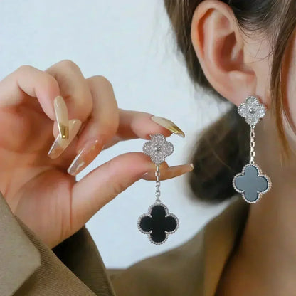 ¡®Veyra Jewelry¡¯CLOVER 2 MOTIFS  DIAMOND ONYX EARRINGS SILVER