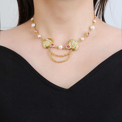 [Veyra Jewelry]Vintage Fan Motif Double CC Crystal & Pearl Necklace
