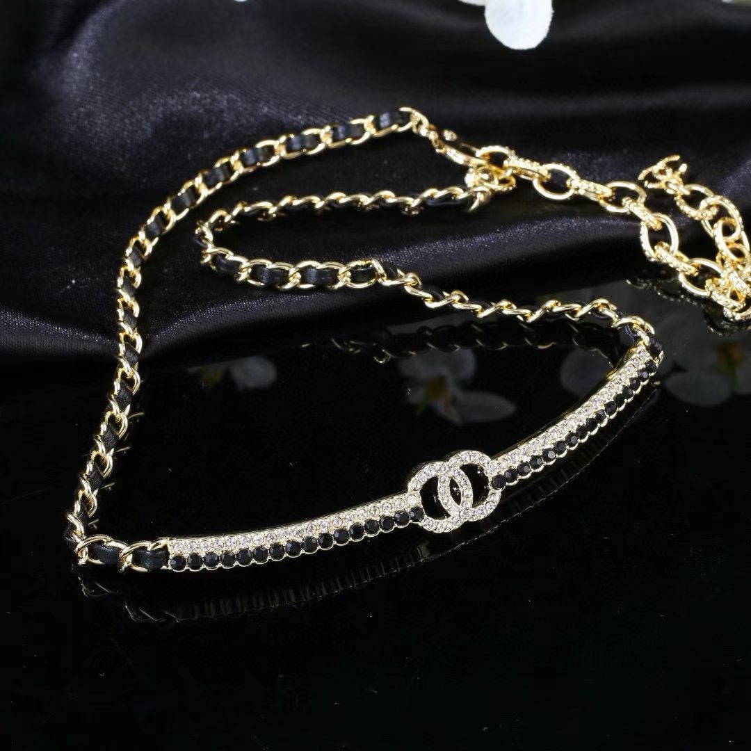 [Veyra Jewelry]Black Leather Interwoven Crystal CC Choker Necklace