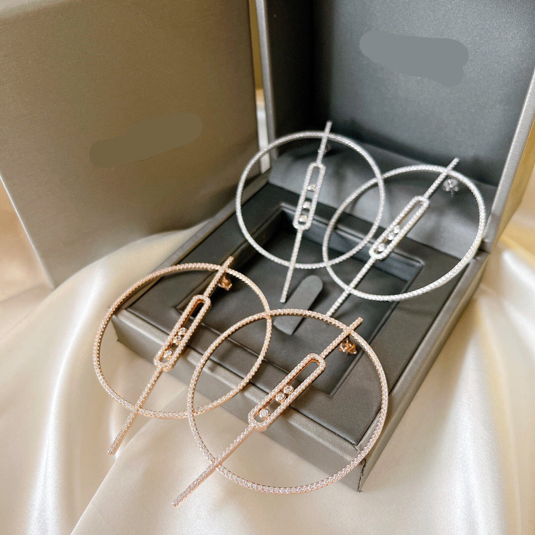 [Veyra Jewelry]Move Large Hoop Earrings, Three Sliding Diamonds