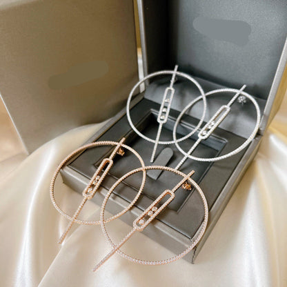 [Veyra Jewelry]Move Large Hoop Earrings, Three Sliding Diamonds