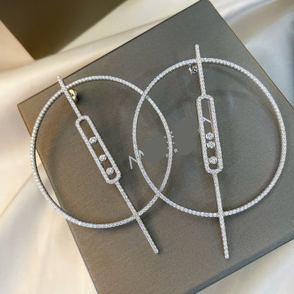 [Veyra Jewelry]Move Large Hoop Earrings, Three Sliding Diamonds