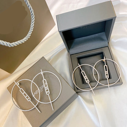[Veyra Jewelry]Move Large Hoop Earrings, Three Sliding Diamonds