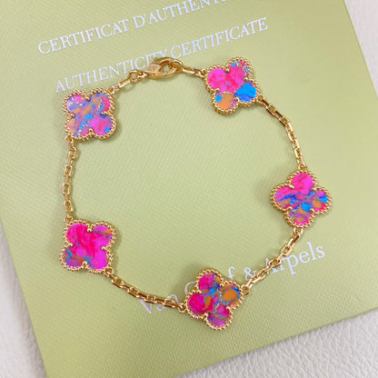 [Veyra Jewelry]Vintage Alhambra 5‑Flower Bracelet, Pink‑Blue Iridescent Opal Gold‑Tone