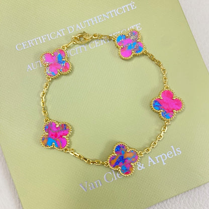 [Veyra Jewelry]Vintage Alhambra 5‑Flower Bracelet, Pink‑Blue Iridescent Opal Gold‑Tone