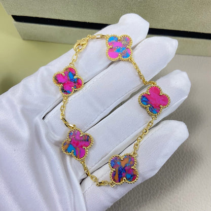 [Veyra Jewelry]Vintage Alhambra 5‑Flower Bracelet, Pink‑Blue Iridescent Opal Gold‑Tone