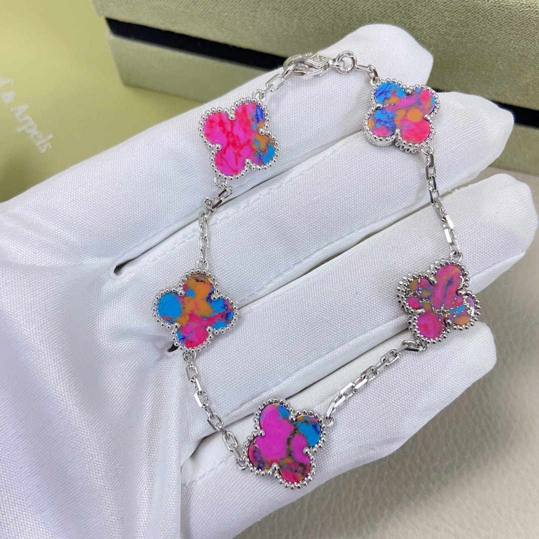[Veyra Jewelry]Vintage Alhambra 5‑Flower Bracelet, Pink‑Blue Iridescent Opal Gold‑Tone