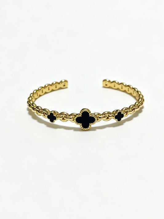 ¡®Veyra Jewelry¡¯Vintage Alhambra 3‑Flower Open Cuff, Black Onyx Gold‑Tone Chain Bangle