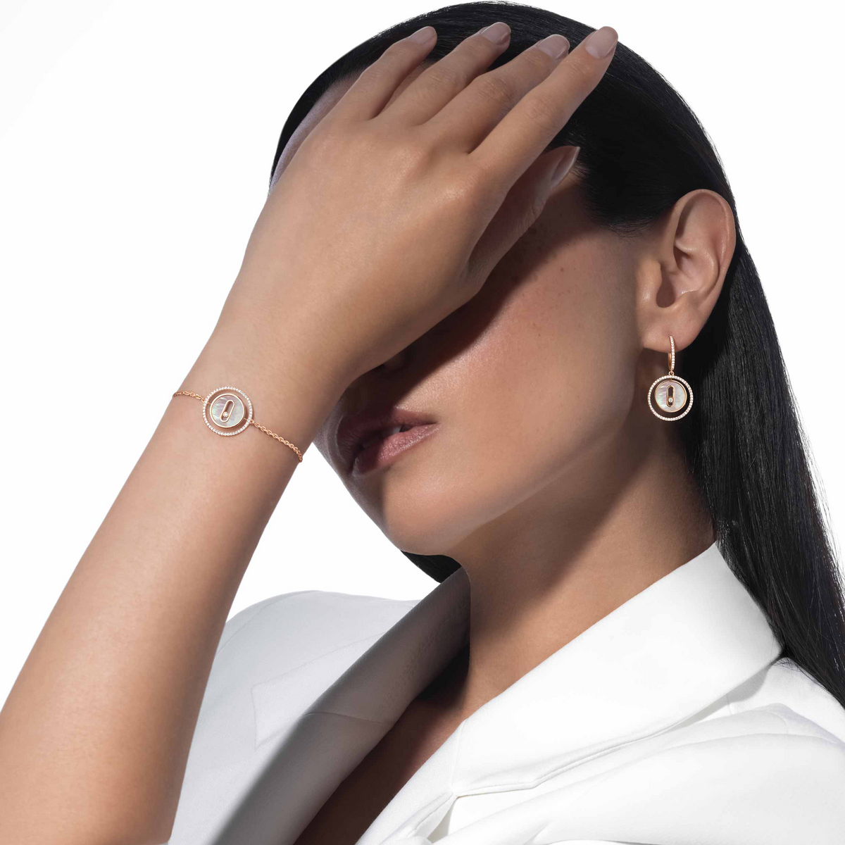 [Veyra Jewelry]LUCKY MOVE WHITE MOTHER OF PEARL PINK GOLD DIAMOND BRACELET(Adjustable)
