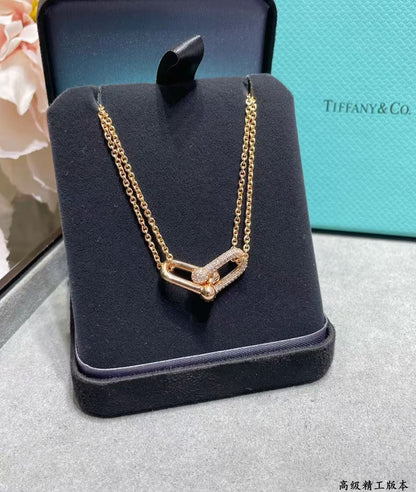 [Veyra Jewelry]T House Diamond-Set Double Chain Link Pendant Necklace