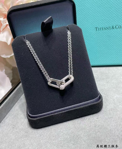 [Veyra Jewelry]T House Diamond-Set Double Chain Link Pendant Necklace