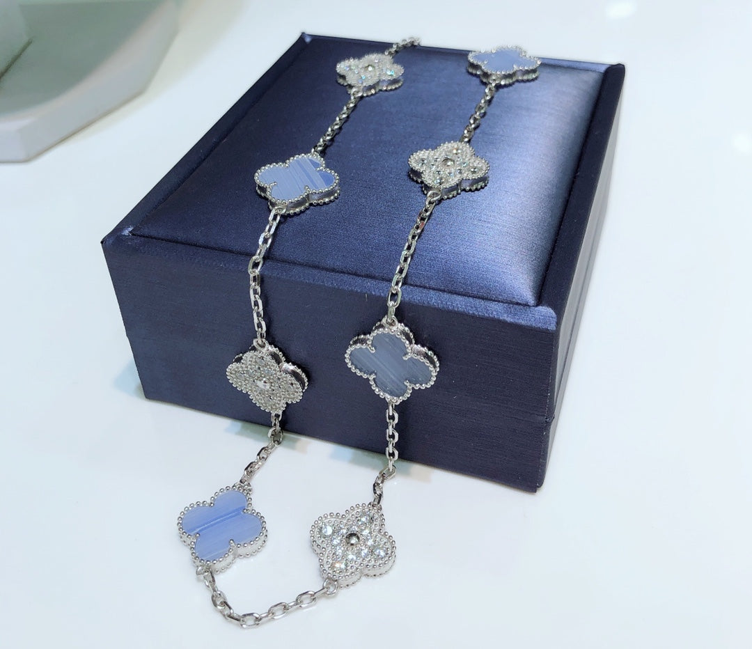 ¡®Veyra Jewelry¡¯CLOVER 10 MOTIFS CHALCEDONY DIAMONDS SILVER NECKLACE
